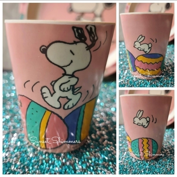 4 New Peanuts Snoopy & Woodstock Kids Easter Egg Dinner Plate Bowl Cup Utensils - Picture 4 of 12